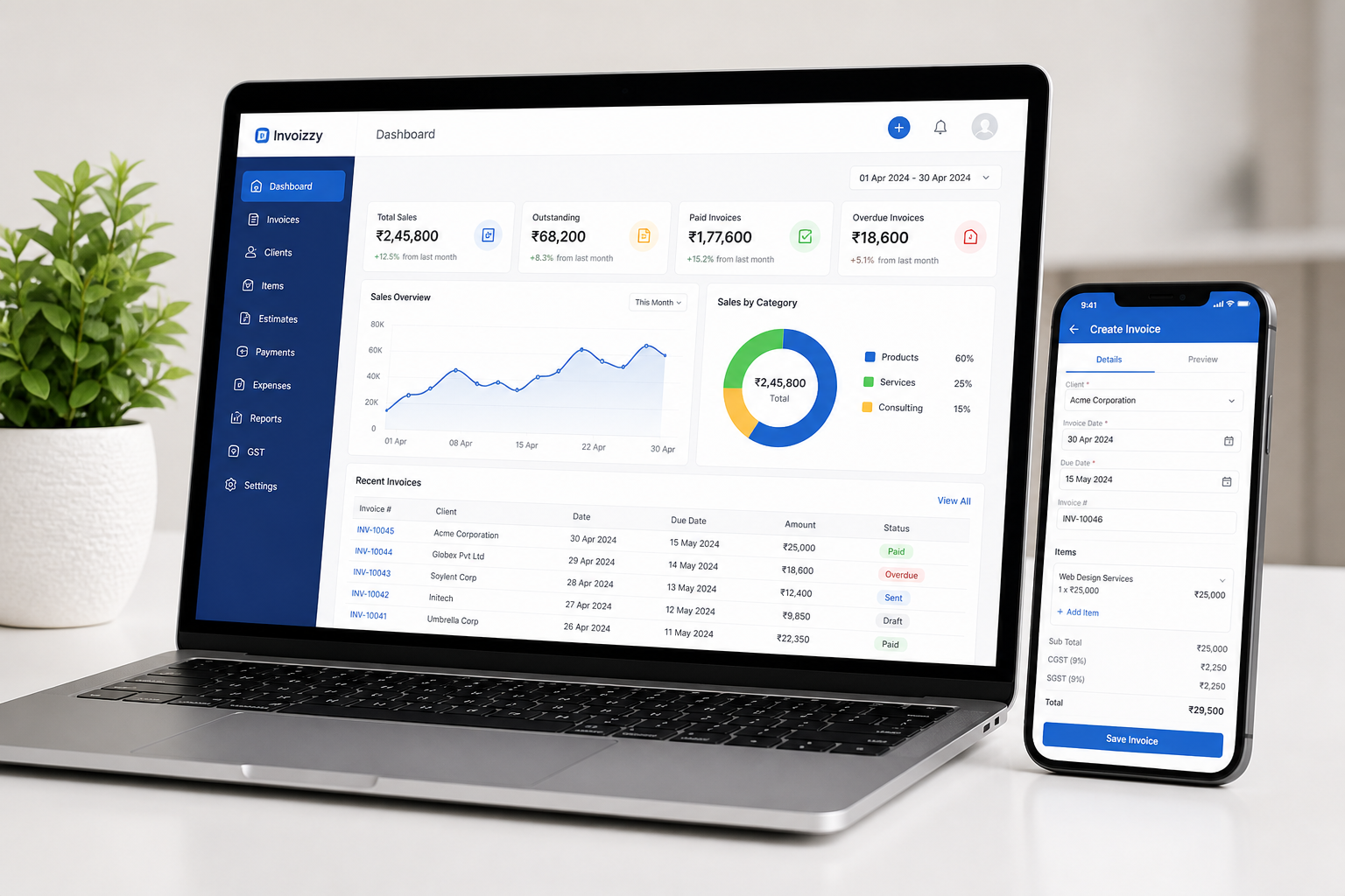 Invoizzy dashboard on laptop and Create Invoice screen on phone