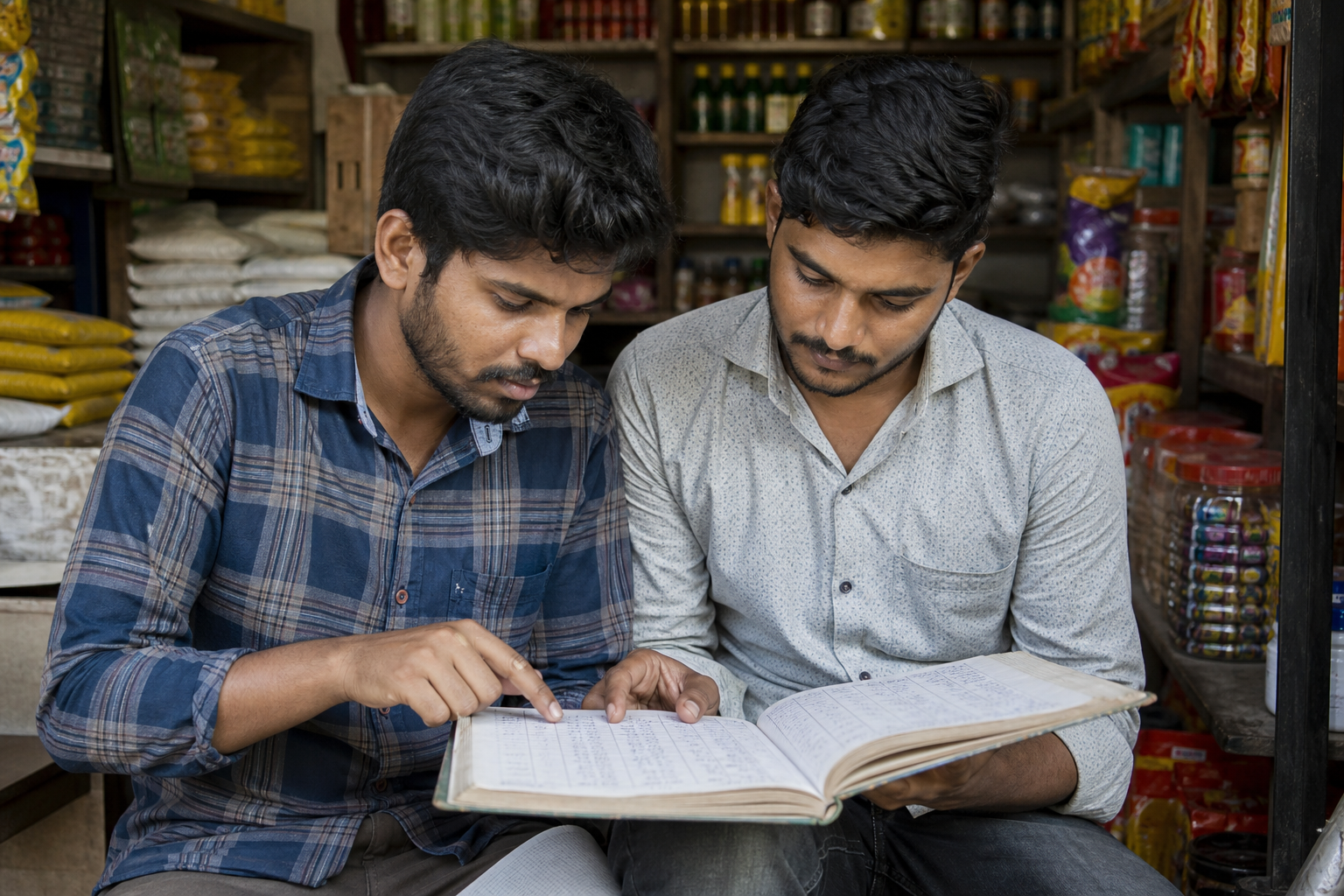 Two business owners reviewing a ledger book in a local shop